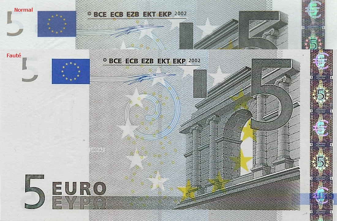 billet 5 euro fauté