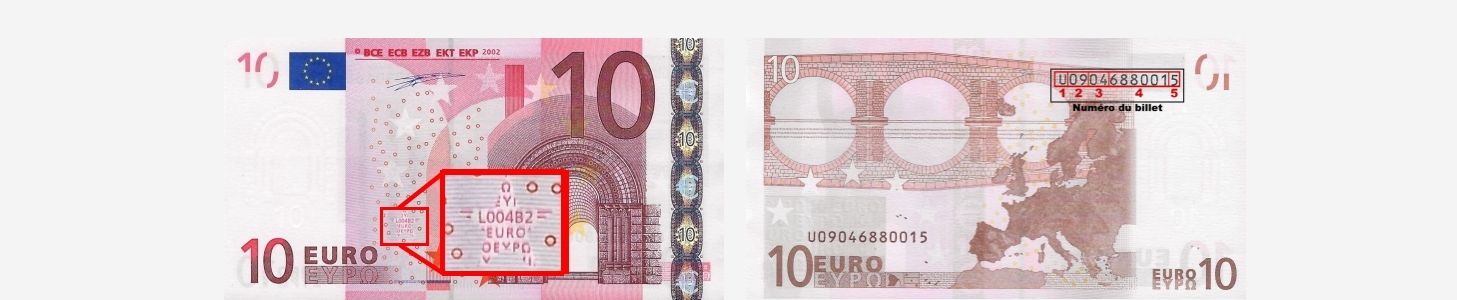 Emplacement du code court et de la numérotation sur billet euro U