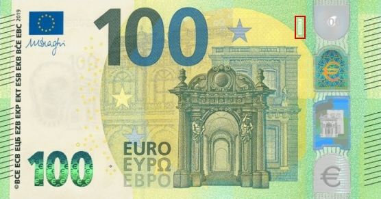 Emplacement du code court sur le billet 100 euro