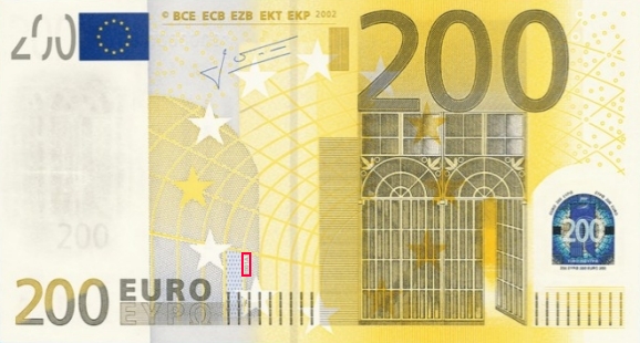 Emplacement du code court sur le billet 200 euro