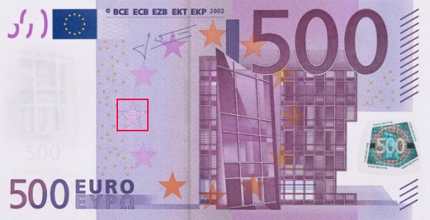 Emplacement du code court sur le billet 500 euro