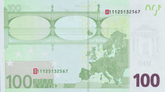 Emplacement de la lettre pays sur le billet 100 euro