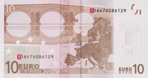 Emplacement de la lettre pays sur le billet 10 euro