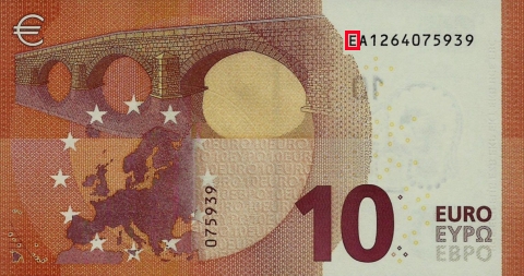 Emplacement de la lettre pays sur le 10 euro