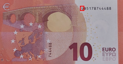 Emplacement de la lettre pays sur le billet 10 euro