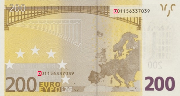 Emplacement de la lettre pays sur le billet 200 euro