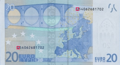 Emplacement de la lettre pays sur le billet 20 euro