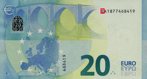 Emplacement de la lettre pays sur le 20 euro