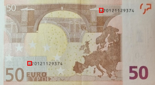 Emplacement de la lettre pays sur le billet 50 euro