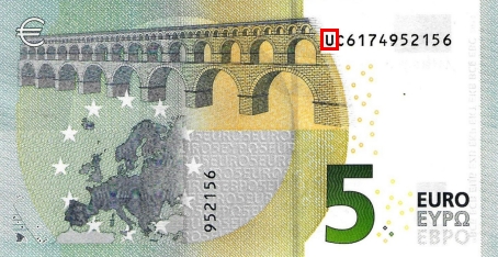 Emplacement de la lettre pays sur le billet 5 euro